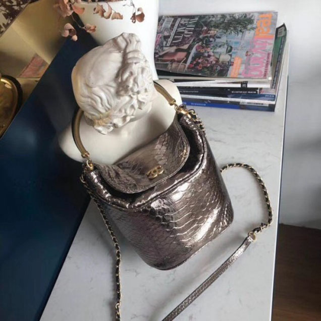 Chanel Chevron Python Handle with Chic Bucket Bag A57861 Metallic Pink Gold 2018 Collection