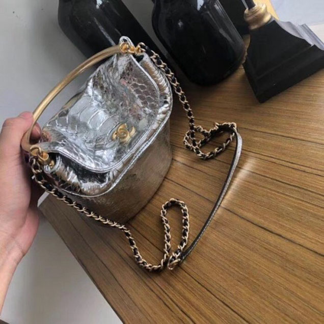 Chanel Chevron Python Handle with Chic Bucket Bag A57861 Silver 2018 Collection