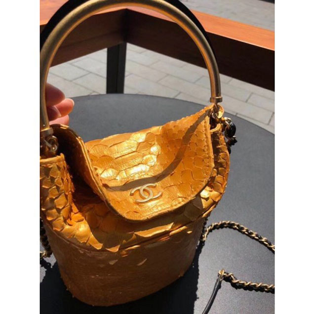 Chanel Chevron Python Handle with Chic Bucket Bag A57861 Gold 2018 Collection