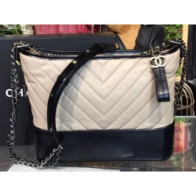 Chanel Chevron Gabrielle Medium Hobo Bag A93824 Beige/Black 2018