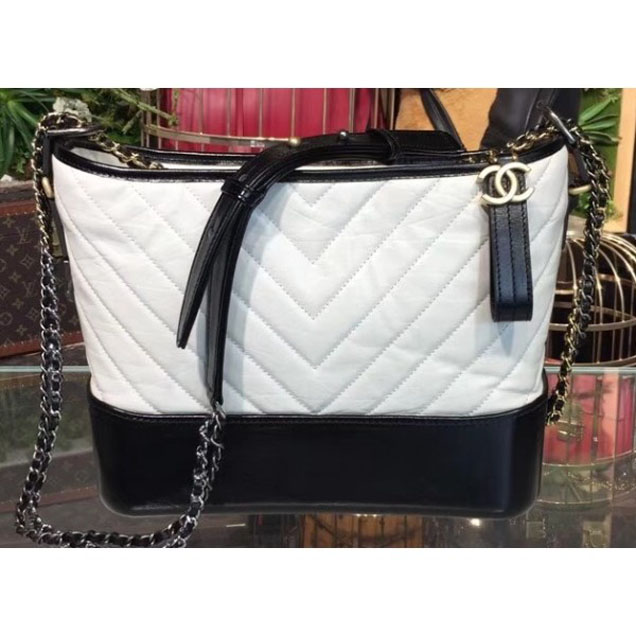 Chanel Chevron Gabrielle Medium Hobo Bag A93824 White/Black 2018