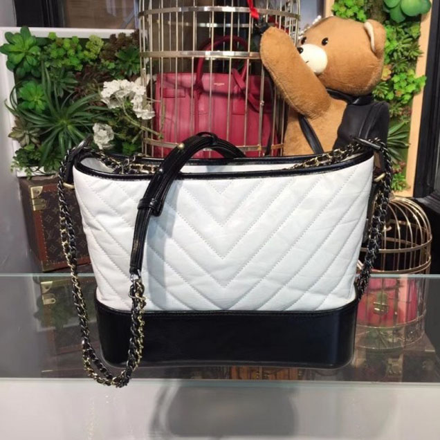 Chanel Chevron Gabrielle Medium Hobo Bag A93824 White/Black 2018