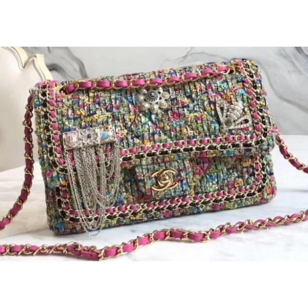 Chanel Chain Tweed Classic Flap Bag with Strass Brooch 03 2018