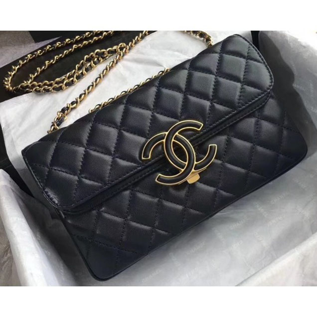 Chanel Lambskin Double Flap Bag A57275 Navy Blue/Black 2018