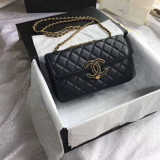 Chanel Lambskin Double Flap Bag A57275 Navy Blue/Black 2018
