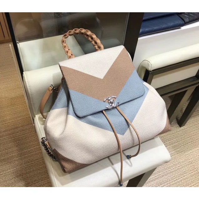 Chanel Braided Handle Chevron Canvas Backpack Bag A95104 Beige 2018
