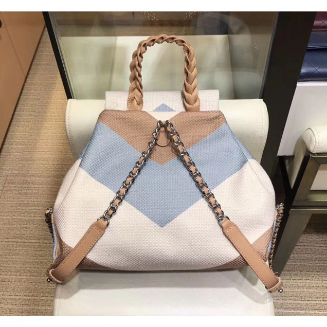 Chanel Braided Handle Chevron Canvas Backpack Bag A95104 Beige 2018