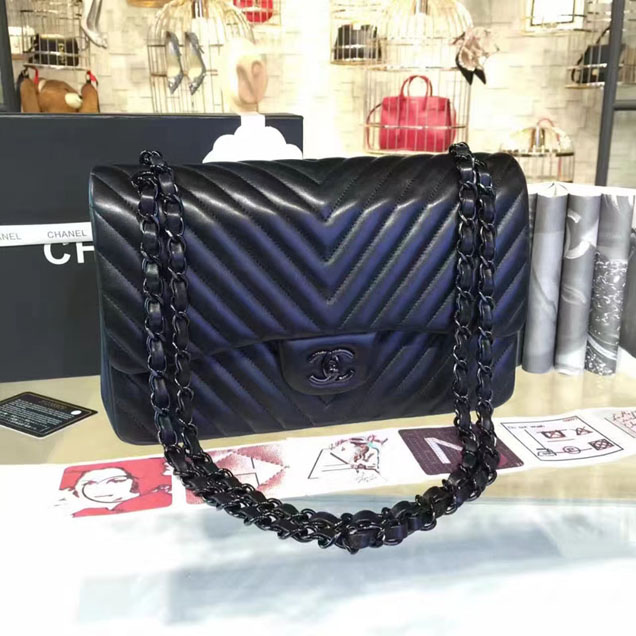 Chanel Classic Handbag 30cm Black Lambskin Black-Tone Metal