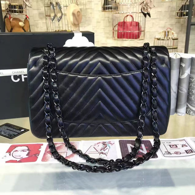 Chanel Classic Handbag 30cm Black Lambskin Black-Tone Metal
