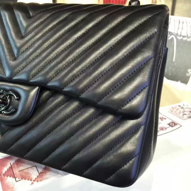 Chanel Classic Handbag 30cm Black Lambskin Black-Tone Metal