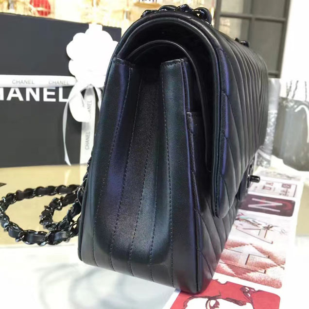 Chanel Classic Handbag 30cm Black Lambskin Black-Tone Metal