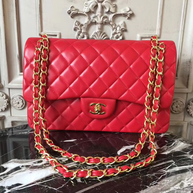 Chanel Classic Flap Bag 30cm Red Lambskin Gold-Tone Metal