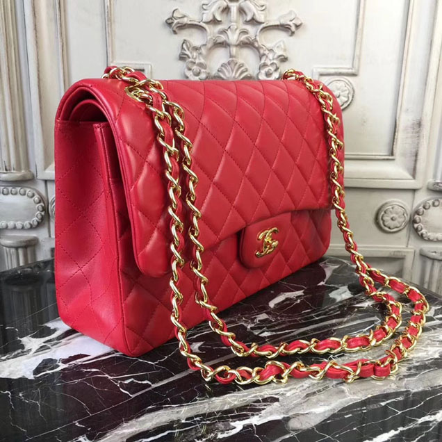 Chanel Classic Flap Bag 30cm Red Lambskin Gold-Tone Metal