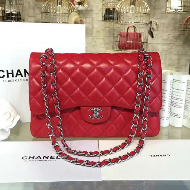 Chanel Classic Flap Bag 30cm Lambskin Silver-Tone Metal Red