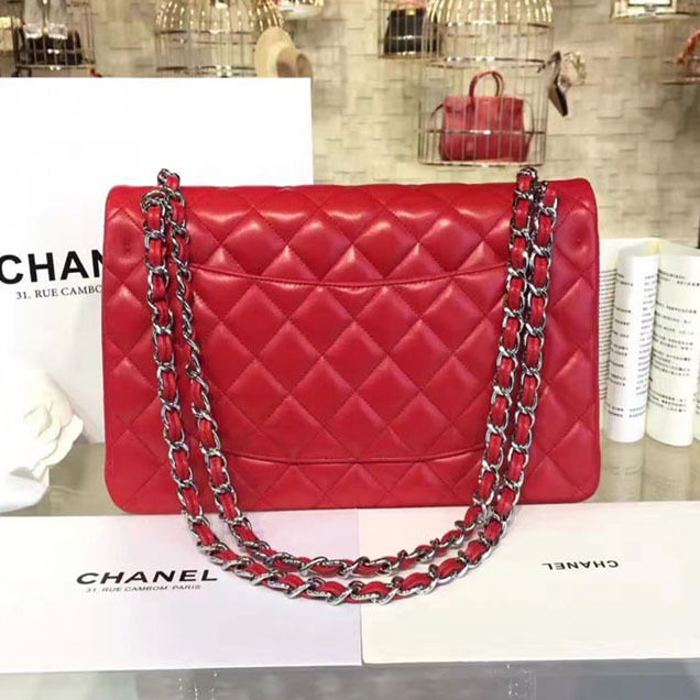 Chanel Classic Flap Bag 30cm Lambskin Silver-Tone Metal Red