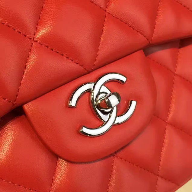 Chanel Classic Flap Bag 30cm Lambskin Silver-Tone Metal Red