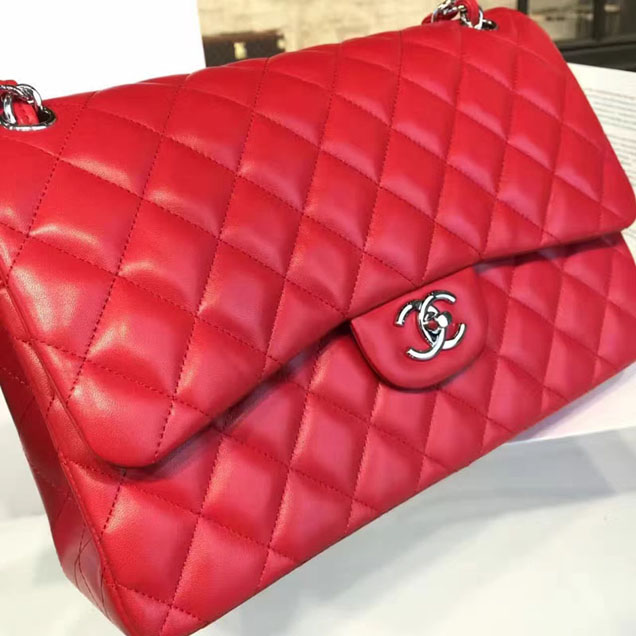 Chanel Classic Flap Bag 30cm Lambskin Silver-Tone Metal Red