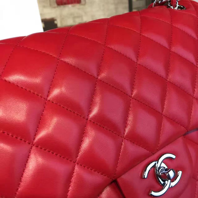 Chanel Classic Flap Bag 30cm Lambskin Silver-Tone Metal Red