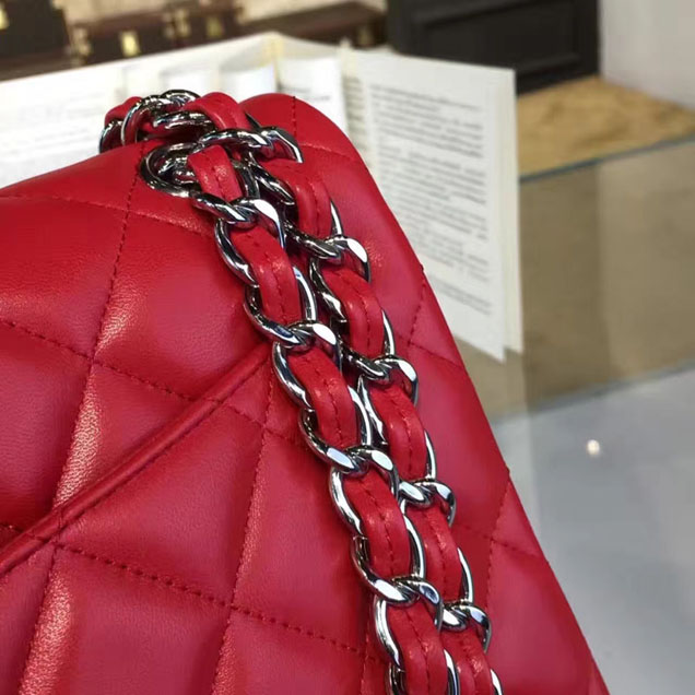 Chanel Classic Flap Bag 30cm Lambskin Silver-Tone Metal Red