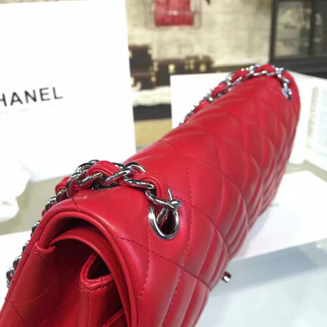 Chanel Classic Flap Bag 30cm Lambskin Silver-Tone Metal Red