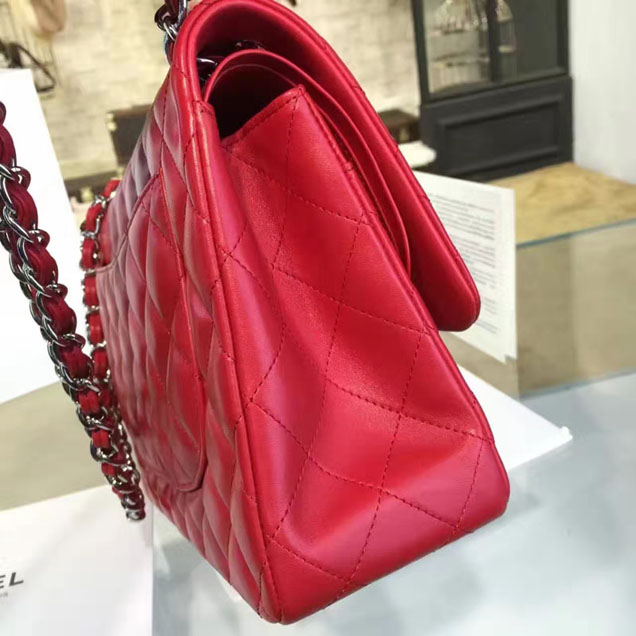 Chanel Classic Flap Bag 30cm Lambskin Silver-Tone Metal Red