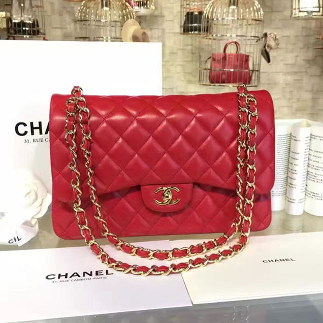 Chanel Classic Flap Bag 30cm Lambskin Gold-Tone Metal Red