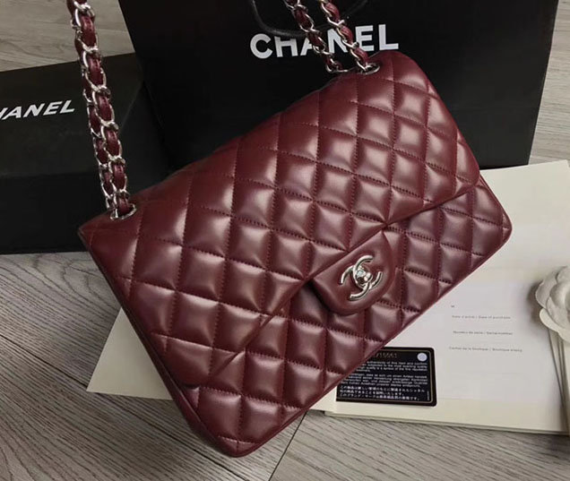 Chanel Classic Flap Bag 30cm Burgundy Lambskin Silver-Tone Metal