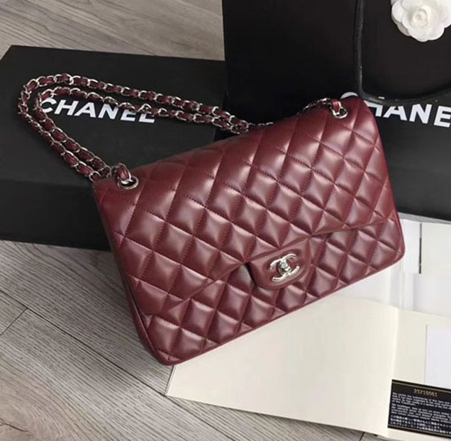 Chanel Classic Flap Bag 30cm Burgundy Lambskin Silver-Tone Metal