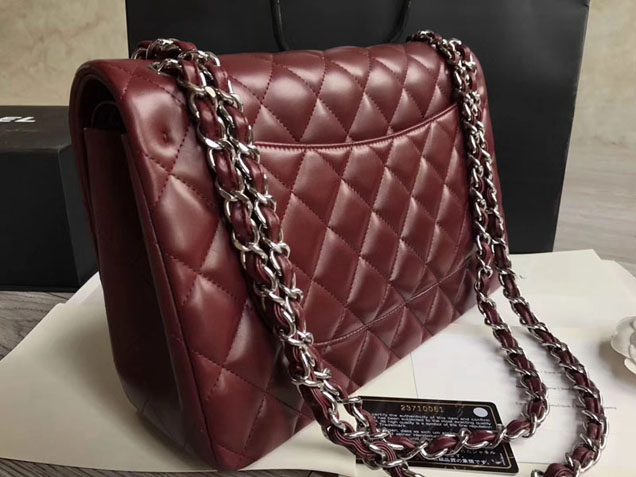 Chanel Classic Flap Bag 30cm Burgundy Lambskin Silver-Tone Metal