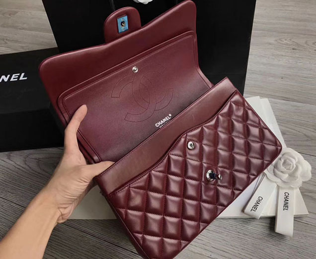 Chanel Classic Flap Bag 30cm Burgundy Lambskin Silver-Tone Metal