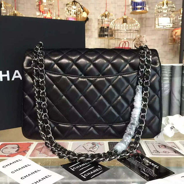 Chanel Classic Flap Bag 30cm Black Lambskin Silver-Tone Metal
