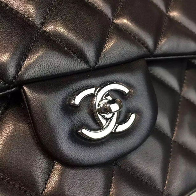 Chanel Classic Flap Bag 30cm Black Lambskin Silver-Tone Metal