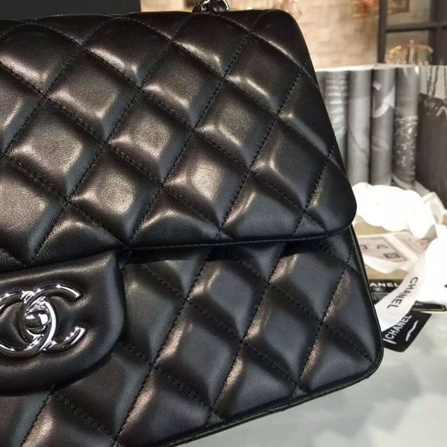 Chanel Classic Flap Bag 30cm Black Lambskin Silver-Tone Metal