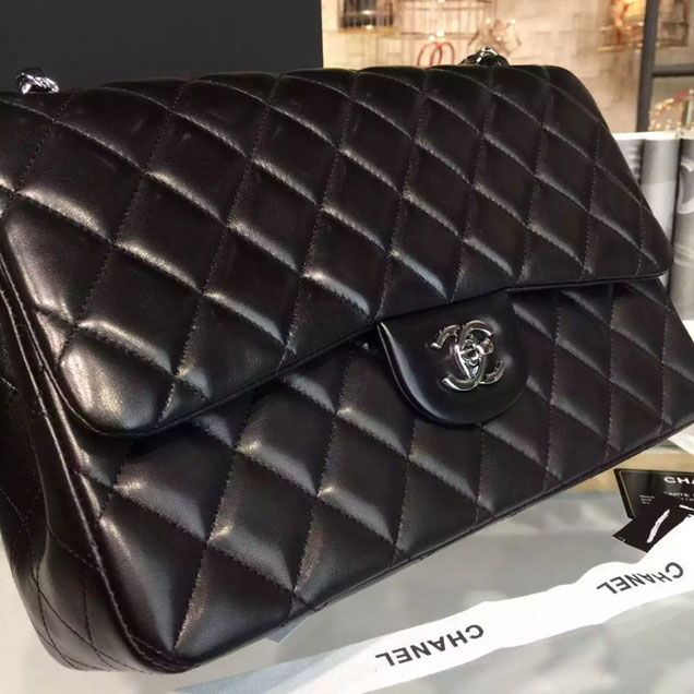 Chanel Classic Flap Bag 30cm Black Lambskin Silver-Tone Metal