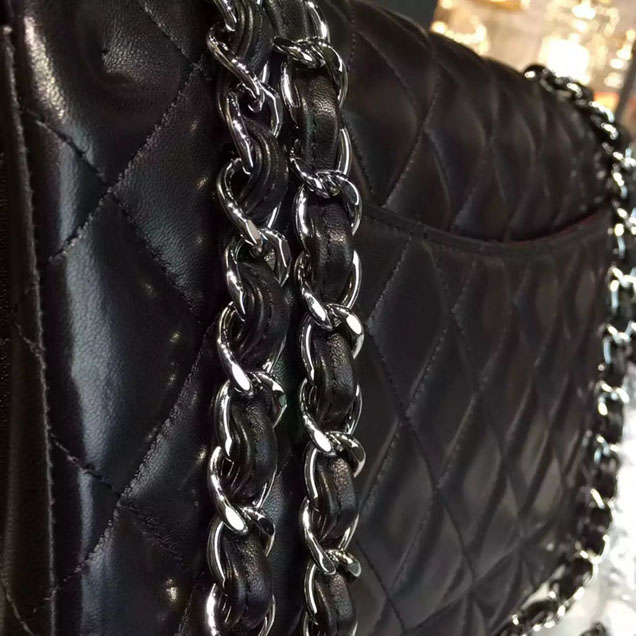 Chanel Classic Flap Bag 30cm Black Lambskin Silver-Tone Metal