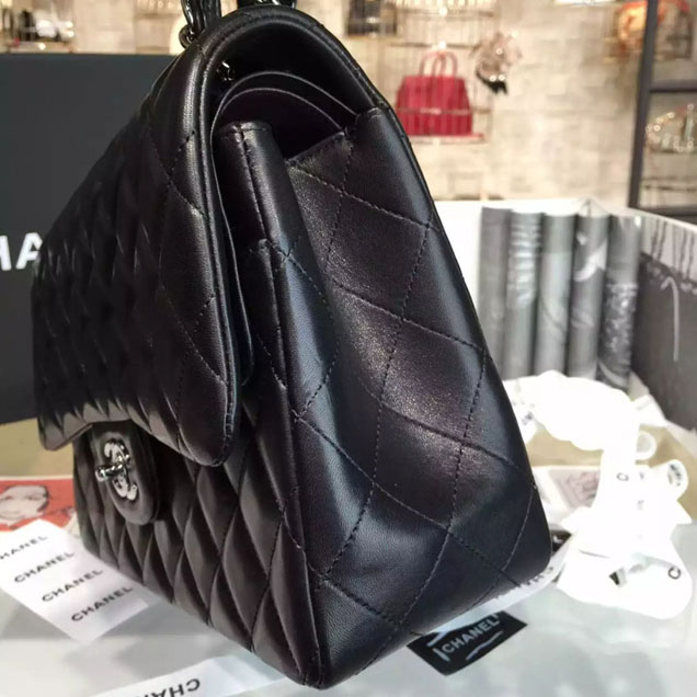 Chanel Classic Flap Bag 30cm Black Lambskin Silver-Tone Metal