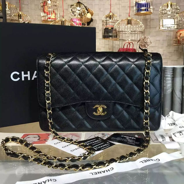 Chanel Classic Flap Bag 30cm Black Grained Calfskin Gold-Tone Metal