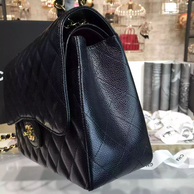 Chanel Classic Flap Bag 30cm Black Grained Calfskin Gold-Tone Metal