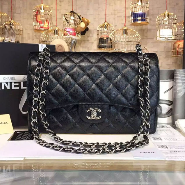 Chanel Classic Flap Bag 30cm Black Grained Calfskin Silver-Tone Metal