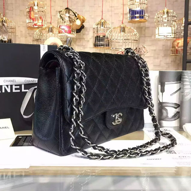 Chanel Classic Flap Bag 30cm Black Grained Calfskin Silver-Tone Metal