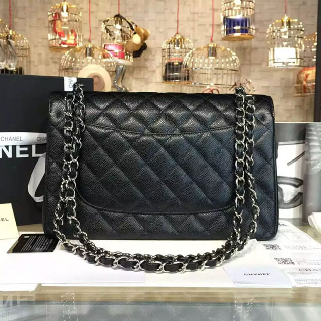 Chanel Classic Flap Bag 30cm Black Grained Calfskin Silver-Tone Metal