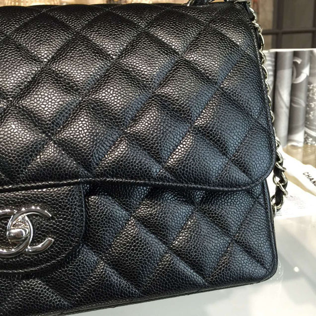 Chanel Classic Flap Bag 30cm Black Grained Calfskin Silver-Tone Metal