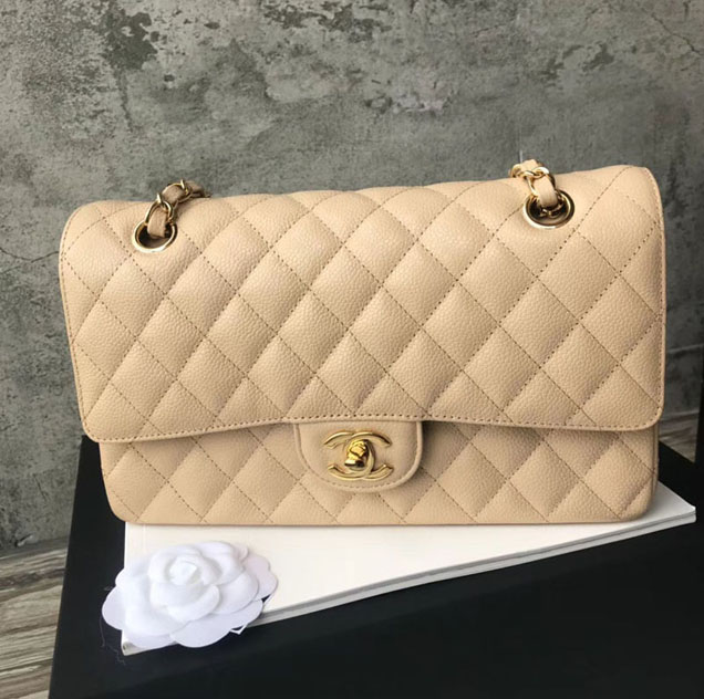 Chanel Classic Flap Bag 30cm Grained Calfskin Gold-Tone Metal Beige