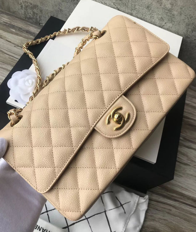 Chanel Classic Flap Bag 30cm Grained Calfskin Gold-Tone Metal Beige