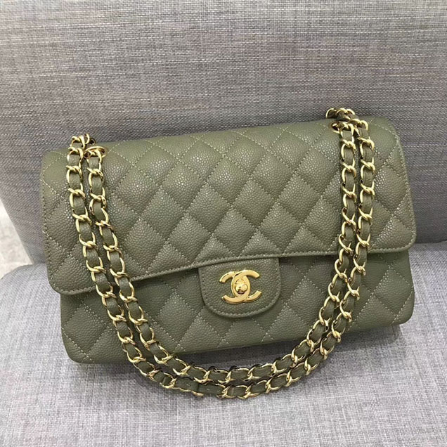 Chanel Classic Flap Bag 30cm Green Grained Calfskin Gold-Tone Metal