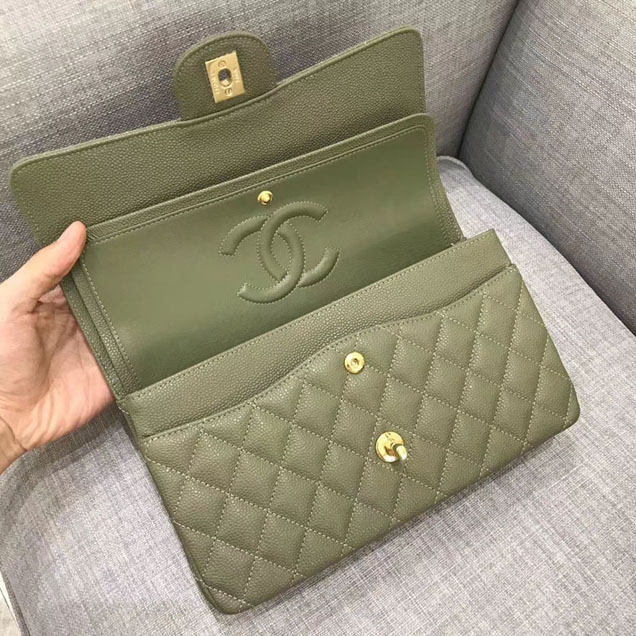 Chanel Classic Flap Bag 30cm Green Grained Calfskin Gold-Tone Metal