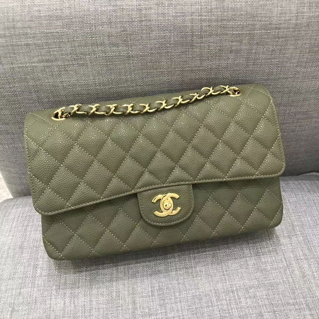 Chanel Classic Flap Bag 30cm Green Grained Calfskin Gold-Tone Metal