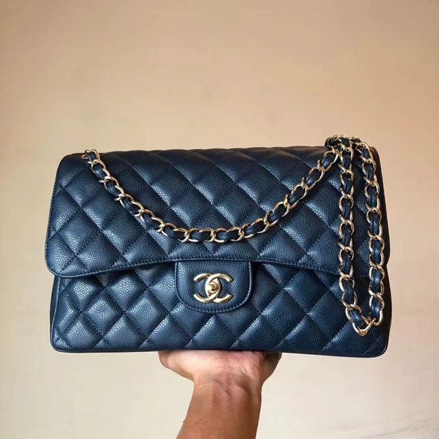 Chanel Classic Flap Bag 30cm Navy Grained Calfskin Gold-Tone Metal