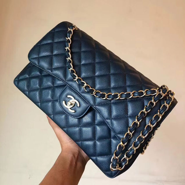 Chanel Classic Flap Bag 30cm Navy Grained Calfskin Gold-Tone Metal