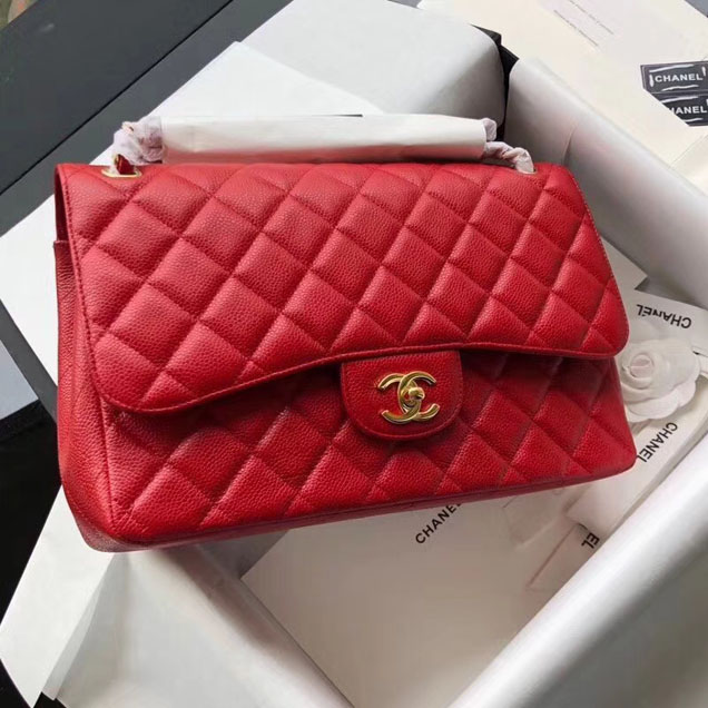 Chanel Classic Flap Bag 30cm Red Grained Calfskin Gold-Tone Metal